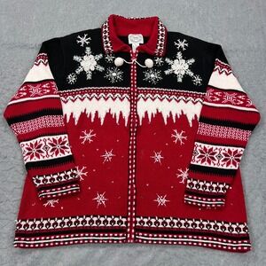 VTG Stitches Cardigan Women's 1X Red Full Zip Sweater Christmas Party Snowflakes